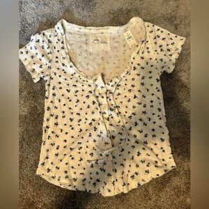 Aerie White and Blue Floral Knit Button down Top